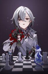 Rule 34 | 1girl, absurdres, arlecchino (genshin impact), bishop (chess), black eyes, black hair, board game, chess, chess piece, chessboard, coat, commentary, earrings, freminet (genshin impact), furina (genshin impact), genshin impact, grey coat, grey shirt, highres, jewelry, long sleeves, lynette (genshin impact), lyney (genshin impact), multicolored hair, open clothes, open coat, parted lips, pawn (chess), peomyu phermu, rook (chess), shirt, streaked hair, the flute (genshin impact), white hair