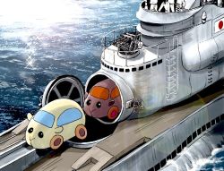 Rule 34 | 4boys, cannon, guinea pig, i-400, i-400-class-submarine, imperial japanese navy, japanese flag, matsuda juukou, military, military vehicle, molcar, mother ship, multiple boys, ocean, outdoors, parody, pui pui molcar, ship, sparkle, submarine, submarine aircraft carrier, turret, warship, water, watercraft
