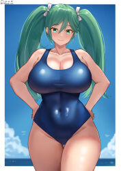 Rule 34 | 1girl, black hair, blue eyes, blue hair, blue one-piece swimsuit, blush, breasts, cleavage, cloud, cloudy sky, competition school swimsuit, day, hair ribbon, hairband, highres, isuzu (kancolle), kantai collection, large breasts, long hair, looking at viewer, ocean, one-piece swimsuit, revision, ribbon, school swimsuit, shiromaru (maniado), sky, smile, solo, swimsuit, twintails, water