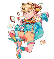 Rule 34 | 1boy, alternate costume, banana, banana print, banana split, battle tendency, blue shirt, breast pocket, bulzizzang, caesar anthonio zeppeli, cherry, chocolate syrup, fingerless gloves, food, food on head, fruit, full body, gloves, highres, jacket, jojo no kimyou na bouken, long sleeves, male focus, object on head, parted lips, pocket, print shirt, shirt, shirt tucked in, shoes, shorts, simple background, solo, striped clothes, striped gloves, suspenders, white background, yellow eyes, yellow shorts