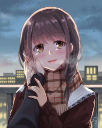 Rule 34 | 1girl, :d, backlighting, bad id, bad nicoseiga id, blush, braid, breath, brown eyes, brown hair, brown scarf, brown sweater, cityscape, cloud, cloudy sky, evening, fringe trim, hair over shoulder, hair tie, hand grab, hand on another&#039;s cheek, hand on another&#039;s face, head tilt, long hair, long sleeves, looking at viewer, mole, mole under eye, nekozuki yuki, open mouth, original, plaid, plaid scarf, pov, scarf, signature, single braid, sky, sleeves past wrists, smile, solo focus, sweater, tareme, upper body
