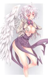 Rule 34 | 1girl, albino, angel wings, bare legs, belt, blush, bow, bowtie, breasts, breasts out, colored eyelashes, dress, eyebrows, feathered wings, highres, jacket, joker (stjoker), kishin sagume, large breasts, nipples, no bra, open clothes, open dress, purple dress, red eyes, short dress, short hair, single wing, solo, torn clothes, torn jacket, touhou, white hair, white wings, wings