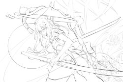 Rule 34 | 1girl, armor, breasts, bronyangg, clothing cutout, flower, goddess of victory: nikke, hair between eyes, hat, highres, holding, holding sword, holding weapon, japanese armor, jingasa, large hat, leg cutout, long hair, medium breasts, monochrome, motion lines, scarlet (nikke), sheath, sketch, solo, spider lily, sword, weapon, white background