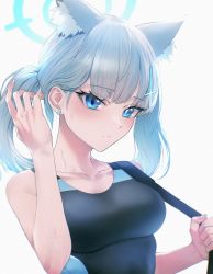 Rule 34 | 1girl, animal ear fluff, animal ears, bag, bare shoulders, black one-piece swimsuit, blue archive, blue eyes, blush, breasts, bright pupils, cat ears, closed mouth, collarbone, competition swimsuit, cross hair ornament, extra ears, eye focus, hair ornament, halo, hand up, highres, kazane-wind, medium breasts, mismatched pupils, one-piece swimsuit, ponytail, shiroko (blue archive), shiroko (swimsuit) (blue archive), short hair, short ponytail, shoulder bag, silver hair, simple background, solo, swimsuit, upper body, white background