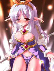 Rule 34 | 1girl, blush, breasts, bursting breasts, character request, cleavage, earrings, hairband, jewelry, large breasts, miuku (marine sapphire), navel, panties, pointy ears, ragnarok online, sex toy, solo, sweat, underwear, vibrator, vibrator under clothes, vibrator under panties, wince, wink