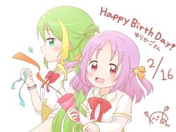 Rule 34 | 2girls, :d, alina gray, bad id, bad twitter id, blonde hair, blush, bow, bowtie, closed mouth, confetti, green eyes, green hair, hair ornament, hair ribbon, happy birthday, layered sleeves, long hair, long sleeves, looking at viewer, magia record: mahou shoujo madoka magica gaiden, mahou shoujo madoka magica, medium hair, misono karin, multicolored hair, multiple girls, open mouth, orange ribbon, parted bangs, parted hair, party popper, pink hair, red bow, red bowtie, ribbon, sakae general school uniform, school uniform, shirt, short over long sleeves, short sleeves, simple background, smile, star (symbol), star hair ornament, streaked hair, takuan ningen, two side up, white background, white shirt