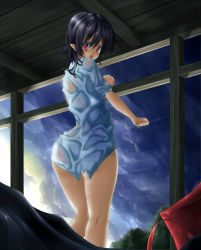 Rule 34 | 1girl, 7ban, black hair, blush, cloud, cloudy sky, female focus, looking at viewer, looking back, naked shirt, open mouth, pointy ears, red eyes, shameimaru aya, shirt, short hair, sky, sleeves pushed up, solo, touhou, wet, wet clothes, wet shirt