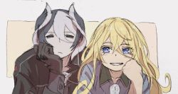 Rule 34 | 2girls, black cape, black eyes, black gloves, black hair, blonde hair, blue eyes, bright pupils, cape, closed mouth, commentary request, expressionless, gloves, grin, head rest, jitome, long hair, looking at viewer, lyza (made in abyss), made in abyss, mi (pic52pic), multicolored hair, multiple girls, ozen, short hair, smile, two-tone hair, whistle, white hair