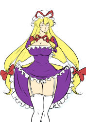 Rule 34 | 1girl, big hair, blonde hair, bow, breasts, choker, cleavage, clothes lift, dress, dress lift, elbow gloves, female focus, frilled dress, frilled gloves, frills, garter straps, gloves, hair bow, hat, hat ribbon, large breasts, legs together, long hair, looking at viewer, mazume, mob cap, narrow waist, puffy short sleeves, puffy sleeves, purple dress, ribbon, ribbon choker, short sleeves, sidelocks, simple background, sketch, smile, solo, taut clothes, taut dress, thighhighs, thighs, touhou, unfinished, very long hair, white background, white thighhighs, yakumo yukari