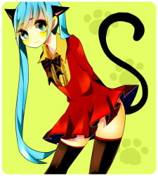 Rule 34 | 1girl, animal ears, aqua hair, arms behind back, bad id, bad pixiv id, bow, bowtie, cat ears, cat tail, dress, green eyes, hatsune miku, long hair, solo, tail, thighhighs, twintails, uomiya naname, very long hair, vocaloid