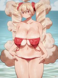 Rule 34 | 1girl, big hair, bikini, blonde hair, breasts, closed mouth, dot mouth, dot nose, highres, huge breasts, long hair, mofu mofuko (ryusei hashida), ocean, original, red bikini, red eyes, ryusei hashida, sagging breasts, solo, standing, strap slip, swimsuit, thigh gap, twintails, very long hair, wading, wet