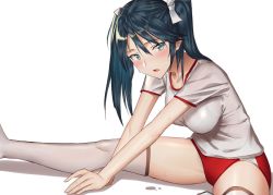 Rule 34 | 1girl, bad id, bad twitter id, blue eyes, blue hair, blush, breasts, hair between eyes, hair ribbon, isuzu (kancolle), kantai collection, large breasts, long hair, looking at viewer, open mouth, pallad, ribbon, shirt, simple background, sitting, solo, split, sportswear, sweatdrop, thighhighs, twintails, white background, white ribbon, white shirt, white thighhighs