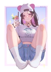 Rule 34 | 1girl, absurdres, animal ears, beanie, black nails, blue shorts, border, breasts, brown hair, character name, colored inner hair, denim, denim shorts, earrings, fake animal ears, feet, full body, ghhoward, hair ornament, hat, highres, holding, ice cream cup, jewelry, knees up, legs, long sleeves, looking at viewer, medium breasts, multicolored hair, no shoes, original, paid reward available, parted bangs, parted lips, piercing, pink eyes, pink hair, ribbed socks, ring, short sleeves, shorts, sidelocks, sitting, sleeves past wrists, socks, solo, thighs, toes, white border, white footwear, white hat, white socks