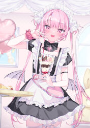 Rule 34 | 1girl, :d, apron, bag, balloon, bat wings, black bow, black dress, blush, bow, choker, commentary, cowboy shot, dress, english commentary, food, frilled apron, frilled dress, frills, heart balloon, heart o-ring, highres, ice cream, koyubita, long hair, maid, maid apron, maid headdress, open mouth, original, pink bag, pink eyes, pink hair, puffy short sleeves, puffy sleeves, ribbon choker, scrunchie, short dress, short sleeves, sidelocks, signature, smile, solo, square neckline, teeth, twintails, upper teeth only, very long hair, white apron, wings, wrist scrunchie