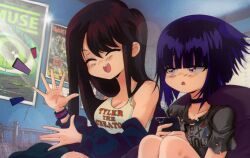 Rule 34 | 2girls, bad id, bad twitter id, black choker, black hair, black jacket, black shirt, blue eyes, blush, breasts, choker, cleavage, grs-, hailey (grs-), highres, holding, holding phone, indoors, iron maiden (band), jacket, lens flare, long hair, long sleeves, medium breasts, multiple girls, muse (band), off shoulder, open mouth, original, phone, poster (object), print shirt, purple eyes, sex pistols, shirt, short hair, short sleeves, sitting, small breasts, smile, talia (grs-), tank top, tyler the creator, upper body, white tank top