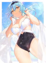 Rule 34 | 1girl, alnyak, black one-piece swimsuit, blue hair, blue sky, blush, breasts, cleavage, cowboy shot, eula (genshin impact), genshin impact, hairband, half-closed eyes, highleg, highres, large breasts, looking at viewer, medium hair, multicolored clothes, multicolored swimsuit, one-piece swimsuit, sky, strapless, swimsuit, thighs, white one-piece swimsuit, yellow eyes