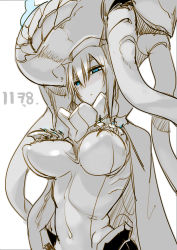 Rule 34 | 10s, 1girl, abyssal ship, bad id, bad pixiv id, blue eyes, bodysuit, breasts, cape, covered erect nipples, hat, kantai collection, large breasts, monochrome, simple background, sketch, solo, spot color, white background, wo-class aircraft carrier, z-ton