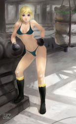 Rule 34 | 1girl, bikini, blonde hair, blue eyes, boots, borrowed character, boxing gloves, boxing ring, breasts, gym, highres, izanami ito, knee boots, long hair, original, paiple-r, punching bag, side-tie bikini bottom, small breasts, solo, swimsuit, thong