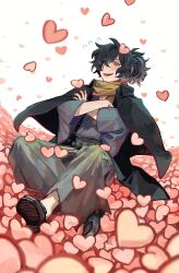 Rule 34 | 1boy, absurdres, beard stubble, black footwear, black hair, blush, cloak, crossed arms, facial hair, fang, fate/grand order, fate (series), flying sweatdrops, hair over one eye, hakama, hakama pants, heart, high ponytail, highres, isskplum, japanese clothes, kimono, long sleeves, looking at viewer, okada izou (fate), open mouth, orange eyes, pants, ponytail, scarf, sitting, stubble, too many, too many hearts, torn clothes, twitter username, wide sleeves, yellow scarf