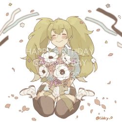 Rule 34 | 1girl, birthday, black thighhighs, blonde hair, blue shirt, blush, bouquet, character name, closed eyes, confetti, dated, flower, gambier bay (kancolle), happy birthday, holding, holding bouquet, kantai collection, long hair, one-hour drawing challenge, petals, pink flower, purple flower, shirt, short sleeves, shorts, simple background, sitting, smile, solo, sukekiyo (skky 0), thighhighs, twintails, twitter username, white background, white flower, white footwear