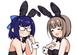 Rule 34 | 2girls, a-chan (hololive), alternate costume, animal ears, black bow, black bowtie, black leotard, blue bow, blue hair, blush, bow, bowtie, breasts, brown hair, cleavage, closed eyes, commentary, detached collar, fake animal ears, glasses, hair bow, hand on own chest, hand on own face, harusaki nodoka, highres, hololive, leotard, looking at viewer, medium breasts, multiple girls, nervous smile, okunin, opaque glasses, open mouth, parted lips, playboy bunny, rabbit ears, short hair, simple background, small breasts, smile, strapless, strapless leotard, sweatdrop, upper body, virtual youtuber, white background, wrist cuffs