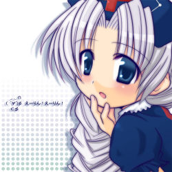 Rule 34 | 1girl, :o, blue dress, blue eyes, blush, dress, eyebrows, female focus, hat, looking at viewer, lowres, nurse cap, open mouth, parted bangs, puffy short sleeves, puffy sleeves, short sleeves, silver hair, simple background, solo, touhou, upper body, white background, yagokoro eirin