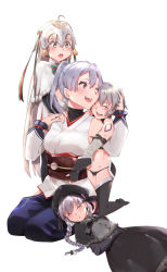 Rule 34 | 4girls, :o, absurdres, ahoge, black dress, black headwear, black legwear, blue hakama, blush, braid, breasts, capelet, closed eyes, commentary request, detached sleeves, dress, fate/apocrypha, fate/extra, fate/grand order, fate (series), grey hair, hair between eyes, hair ribbon, hakama, hakama pants, hakama skirt, hand on another&#039;s head, highres, hip vent, hug, hug from behind, jack the ripper (fate/apocrypha), japanese clothes, jeanne d&#039;arc (fate), jeanne d&#039;arc alter santa lily (fate), lap pillow, long hair, medium breasts, medium hair, mitsudomoe (shape), multiple girls, nursery rhyme (fate), obi, open mouth, pants, ponytail, red eyes, ribbon, sash, scar, scar across eye, scar on face, seiza, short hair, single detached sleeve, sitting, skirt, striped ribbon, tattoo, thighhighs, tomoe (symbol), tomoe gozen (fate), twin braids, vegetablenabe, very long hair, white background, white capelet, white sleeves, yellow eyes