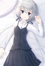 Rule 34 | 10s, 1girl, alisia0812, black ribbon, black skirt, blue eyes, commentary request, fingernails, grey hair, hair ribbon, highres, jewelry, konno junko, long hair, long sleeves, looking at viewer, low twintails, lying, necklace, on back, pendant, ribbon, shirt, skirt, solo, twintails, white shirt, zombie land saga