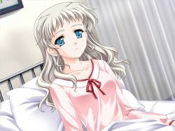 Rule 34 | 1girl, aqua eyes, bed, dutch angle, game cg, hospital bed, long hair, non-web source, on bed, reconquista, shiomi yue, silver hair, sitting, sleepwear, solo