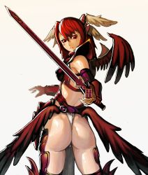 Rule 34 | 1girl, armor, ass, breasts, frown, gloves, highres, minerva (p&amp;d), nipples, puzzle &amp; dragons, red eyes, red hair, small breasts, solo, sword, thighhighs, weapon, wings