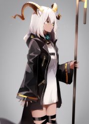 Rule 34 | 1girl, a.a (aa772), animal ear fluff, animal ears, arknights, beeswax (arknights), black jacket, brown eyes, commentary request, curled horns, dark-skinned female, dark skin, dress, female focus, from side, grey background, hair between eyes, holding, hood, hood down, hooded jacket, horns, infection monitor (arknights), jacket, long hair, long sleeves, looking away, parted lips, simple background, sleeves past wrists, solo, standing, white dress, white hair, wide sleeves