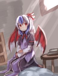 Rule 34 | 1girl, baram, blue hair, blush, book, bow, bowtie, head wings, horns, indoors, long sleeves, multicolored hair, one-hour drawing challenge, pillow, red bow, red bowtie, red eyes, short hair, silver hair, single head wing, sitting, sketch, solo, table, tokiko (touhou), touhou, two-tone hair, wings