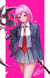 Rule 34 | 1girl, alternate hairstyle, backpack, bag, blue jacket, brown bag, commentary, death-sensei (mori calliope), hand in pocket, highres, holding, holding scythe, hololive, hololive english, jacket, kenko (a143016), looking at viewer, medium hair, mori calliope, necktie, pink hair, pleated skirt, red eyes, red necktie, school uniform, scythe, shirt, signature, simple background, skirt, thighs, v-shaped eyebrows, virtual youtuber, weapon behind back, white shirt