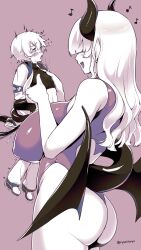 2girls arms_behind_back ass blunt_bangs blush breasts dashed_eyes demon_girl demon_horns demon_tail demon_wings female_focus flat_chest giant giantess hair_over_eyes highleg highleg_leotard highres horns iris_(ryou@ryou) large_breasts leotard lifting_person long_hair monochrome multiple_girls musical_note open_mouth original prehensile_tail purple_background purple_theme pussy_juice rape restrained ryou@ryou short_hair size_difference tail tail_sex wide-eyed wings yuri