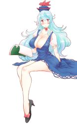 Rule 34 | 1girl, :o, bare legs, black footwear, blue eyes, blue hair, blush, book, breasts, bursting breasts, collarbone, commentary request, covered erect nipples, footwear ribbon, hat, highres, kamishirasawa keine, large breasts, long hair, looking at viewer, neck ribbon, no bra, non (z-art), one-hour drawing challenge, puffy short sleeves, puffy sleeves, red eyes, ribbon, shoes, short sleeves, simple background, sitting, skirt, skirt set, solo, touhou, very long hair, wavy hair, white background