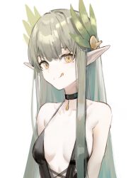 Rule 34 | 1girl, :q, alternate costume, arknights, bare shoulders, black choker, black dress, blush, breasts, choker, closed mouth, collarbone, commentary, dress, elf, english commentary, gnai, grey hair, hair ornament, highres, long hair, looking at viewer, mole, mole under eye, muelsyse (arknights), orange eyes, pointy ears, simple background, sleeveless, sleeveless dress, small breasts, smile, solo, tongue, tongue out, upper body, white background