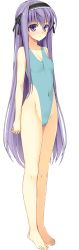 Rule 34 | 1girl, absurdres, artist request, barefoot, black ribbon, blue eyes, blush, breasts, cleavage, feet, full body, hair ribbon, hairband, highleg, highleg leotard, highres, leotard, long hair, looking at viewer, navel, one-piece swimsuit, purple hair, ribbon, smile, solo, standing, swimsuit, transparent background, very long hair