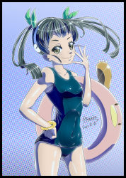 Rule 34 | 1girl, backpack, bag, bakemonogatari, black hair, blue background, blue one-piece swimsuit, bracelet, collarbone, commentary request, cowboy shot, fang, flat chest, green eyes, hachikuji mayoi, highres, isasaka, jewelry, looking at viewer, monogatari (series), one-piece swimsuit, ribbon, school swimsuit, skin fang, smile, solo, swimsuit, twintails