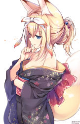 Rule 34 | 1girl, animal ear fluff, animal ears, bare shoulders, black kimono, blonde hair, blue eyes, breasts, collarbone, commentary request, dated, fox ears, fox girl, fox tail, hair between eyes, hair bun, hair ribbon, hand on own chin, hand up, japanese clothes, kimono, looking away, medium breasts, nozomi tsubame, obi, off shoulder, original, parted lips, ponytail, ribbon, sash, simple background, single hair bun, solo, suzuha (nozomi tsubame), tail, twitter username, white background, white ribbon