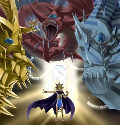Rule 34 | 1boy, absurdres, atem, chain, clenched hand, dragon, duel monster, fangs, highres, hyoumu92, male focus, millennium puzzle, multicolored hair, obelisk the tormentor, open mouth, osiris the sky dragon, solo, teeth, the winged dragon of ra, winged dragon of ra, yu-gi-oh!, yuu-gi-ou, yu-gi-oh! duel monsters
