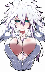 Rule 34 | 1girl, breasts, cleavage, commentary request, expressionless, eyelashes, hair between breasts, hair between eyes, hands in hair, highres, jin (mugenjin), large breasts, long hair, looking at viewer, messy hair, original, partially unzipped, solo, upper body, white background, white eyes, white hair