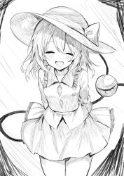 Rule 34 | 1girl, :d, closed eyes, commentary request, facing viewer, greyscale, hat, hat ribbon, heart, heart of string, highres, koishi day, komeiji koishi, kurapi pref, long sleeves, monochrome, open mouth, ribbon, shirt, skirt, smile, solo, third eye, touhou