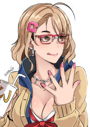 Rule 34 | 1girl, :q, ahoge, bad id, bad tumblr id, breasts, brown eyes, butcha-u, cardigan, cleavage, commentary request, cup, disposable cup, ear piercing, glasses, gyaru, hair ornament, hairclip, highres, jewelry, kogal, large breasts, licking lips, light brown hair, lips, medium hair, mole, mole under eye, nail polish, necklace, original, piercing, red-framed eyewear, school uniform, serafuku, solo, tongue, tongue out, unbuttoned, wcdonald&#039;s