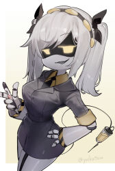 Rule 34 | 1girl, android, black hairband, business suit, formal, hairband, hand on own hip, highres, holding, holding pen, j (murder drones), looking at viewer, murder drones, pen, raised eyebrow, signature, simple background, smug, suit, twintails, white hair, yuii (yuika9200)