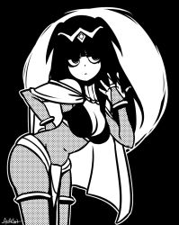 Rule 34 | 1girl, akairiot, bad id, bad tumblr id, blunt bangs, bodystocking, breasts, cape, cleavage, female focus, fire emblem, fire emblem awakening, greyscale, hime cut, large breasts, monochrome, nintendo, solo, tharja (fire emblem), tiara, two side up
