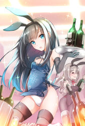 Rule 34 | 2girls, alcohol, animal ears, asashio (kancolle), bare shoulders, black gloves, black hair, black legwear, black leotard, blue eyes, blush, bottle, bow, bowtie, breasts, rabbit ears, rabbit tail, china dress, chinese clothes, cleavage, comah, covered navel, cup, detached collar, dress, drinking glass, drunk, elbow gloves, fake animal ears, glass, gloves, grey hair, hair between eyes, highres, kantai collection, leotard, light brown hair, long hair, medium breasts, multiple girls, open mouth, pantyhose, playboy bunny, pola (kancolle), small breasts, strapless, strapless leotard, tail, thighhighs, tray, wavy hair, white leotard, wine, wine bottle, wrist cuffs