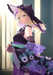 Rule 34 | 1girl, absurdres, amopui, blonde hair, breasts, colored inner hair, fang, fingerless gloves, fingernails, flower, frills, gloves, green eyes, hair flower, hair ornament, hat, highres, japanese clothes, kurumi noah, long hair, looking at viewer, medium breasts, multicolored hair, official alternate costume, open mouth, pink nails, purple hair, skin fang, solo, virtual youtuber, vspo!