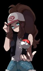 Rule 34 | 1girl, antenna hair, baseball cap, black background, black vest, black wristband, brown hair, closed mouth, commentary, creatures (company), eyelashes, frown, game freak, green eyes, hand on headwear, hand up, hat, high ponytail, highres, hilda (pokemon), long hair, looking at viewer, nintendo, open clothes, open vest, poke ball, poke ball (basic), pokemon, pokemon bw, shirt, shorts, sidelocks, solo, ume (ume 445), vest, white hat, wristband