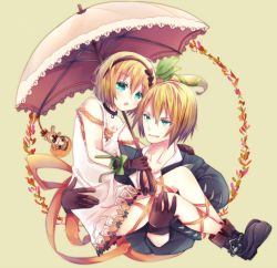 Rule 34 | 10s, 1girl, black neckwear, blonde hair, blue eyes, blush, brother and sister, carrying, choker, coat, edna (tales), eizen (tales), gloves, hair ribbon, hairband, highres, leg ribbon, looking at viewer, princess carry, ribbon, rito (azusa), short hair, siblings, side ponytail, solo, tales of (series), tales of berseria, tales of zestiria, umbrella