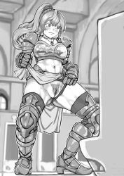 Rule 34 | 1girl, absurdres, armor, armored boots, bathroom, bikini armor, blush, boots, breastplate, censored, closed mouth, clothing aside, collarbone, dodomesu, female focus, female pubic hair, full body, gauntlets, gluteal fold, greyscale, hand up, high ponytail, highres, indoors, jewelry, knight, lifting own clothes, loincloth, long hair, looking to the side, midriff, monochrome, mosaic censoring, navel, necklace, original, outline, panties, panties aside, pelvic curtain, pubic hair, pussy, shoulder armor, solo, spread legs, standing, sweat, thighhighs, toned, underwear, urinal, urinal use, white outline